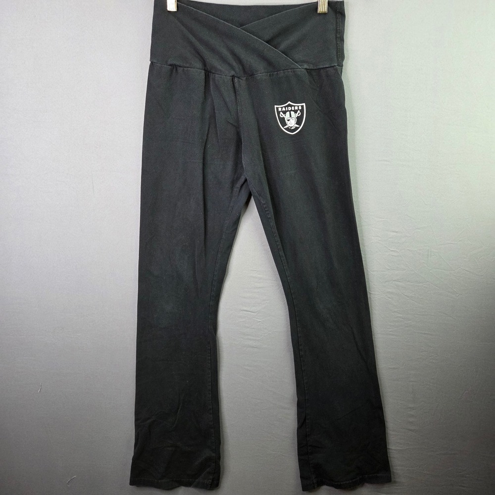 NFL Ultra Game Raiders Yoga Pants Womens Medium Black Crossover Waist Flare Leg